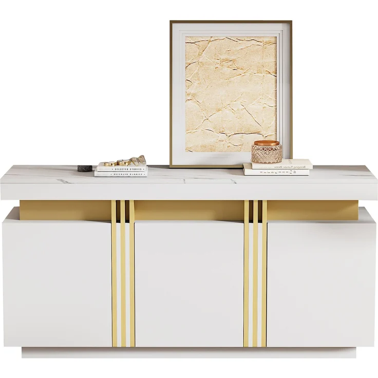 ZUBALIYA Sideboard 140x38x70 cm, mit 3 Türen, aus Spanplatte, Weiß – Bild 14