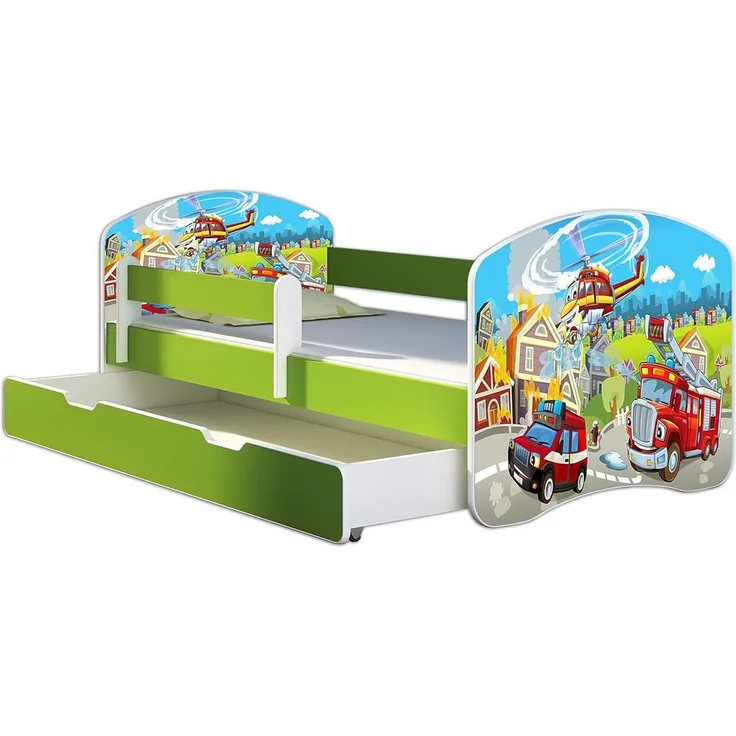 ACMA Kinderbett Jugendbett mit Einer Schublade und Matratze Grün mit Rausfallschutz Lattenrost II 140x70 160x80 180x80 (36 Feuerwehr, 140x70 + Bettkasten)