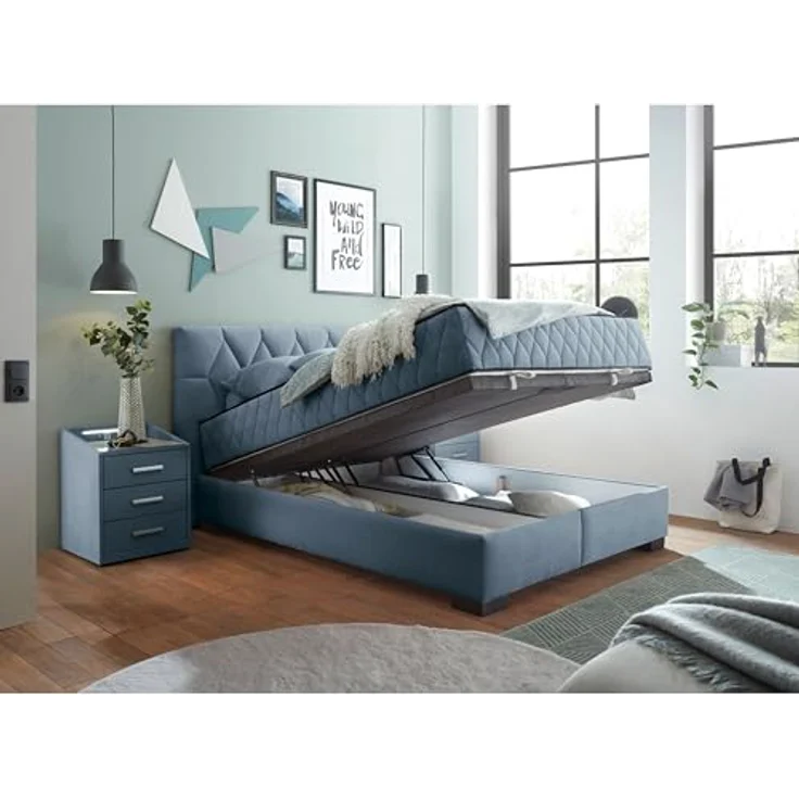 NAGOL B Boxbett 140x200, Denim - Bequemes Bett mit Bettkasten und Premium 9-Zonen-Federkern Wendematratze - 165 x 114 x 214 cm (B/H/T) – Bild 5