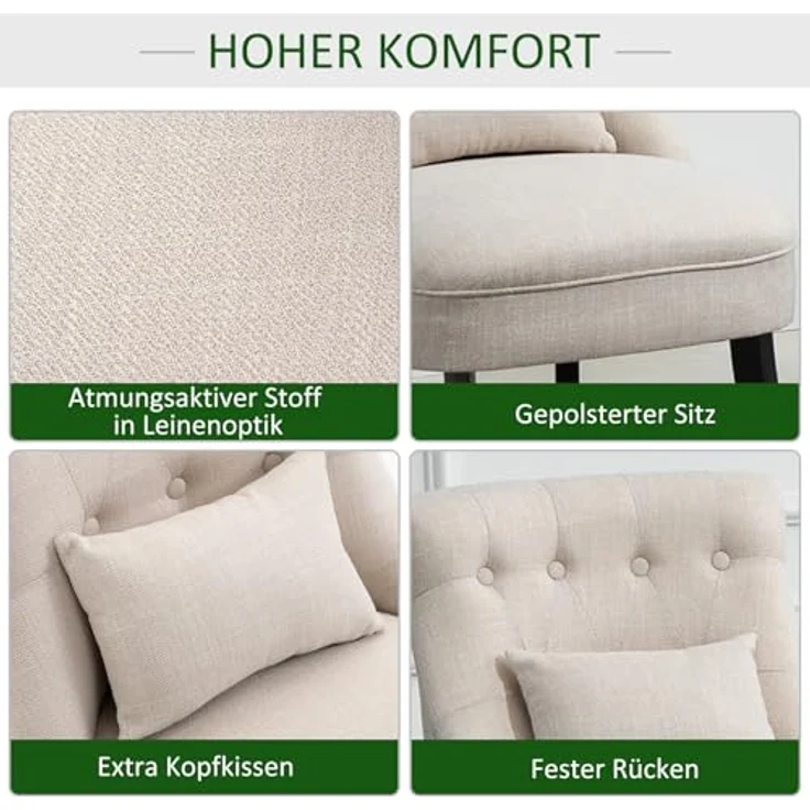 HOMCOM Relaxsessel Sessel mit Rückenkissen, Loungesessel mit Leinenoptik (Fernsehsessel, 1-St, Postersessel), für Wohnzimmer, Schlafzimmer, 52,5 x 69 x 77 cm, Cremeweiß – Bild 5