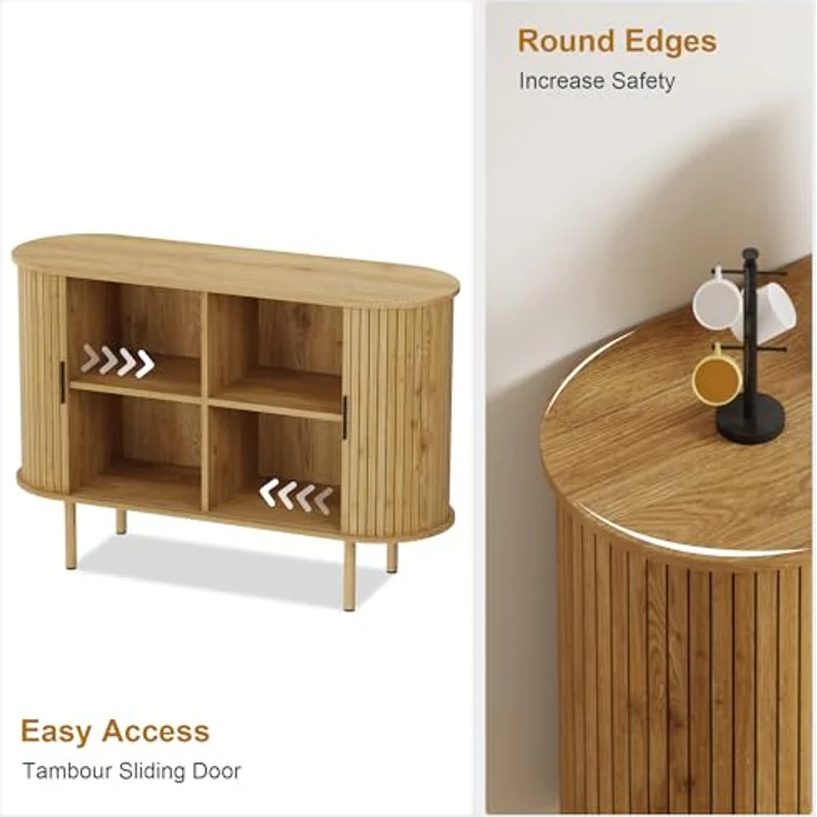 GarveeHome Ovales Sideboard, Buffet mit Schiebetüren, 2-stöckiger Wohnzimmerschrank mit verstellbaren Einlegeböden, für Wohnzimmer, 120 x 40 x 80 cm – Bild 4