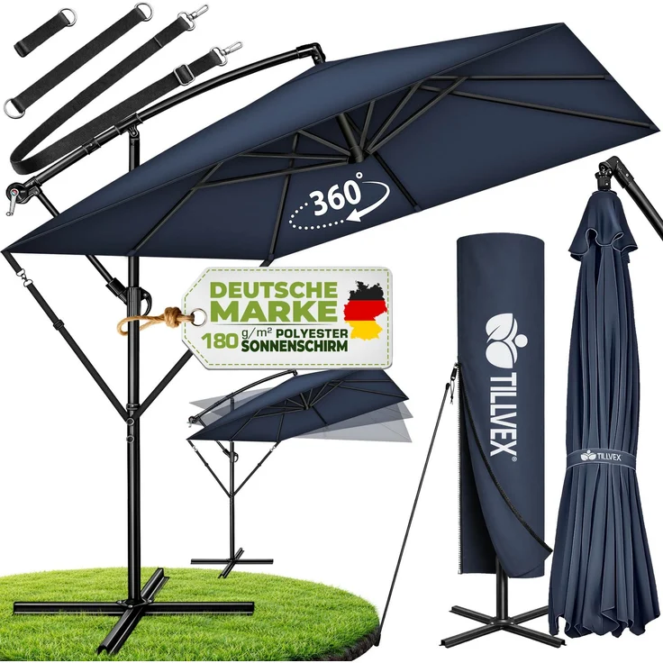 tillvex® Alu Sonnenschirm Rechteckig Ø 330 cm Navy-Blau + Abdeckung mit Kurbel | Ampelschirm Eckig mit Ständer & Windschutz | Gartenschirm UV-Schutz Aluminium | Kurbelschirm Marktschirm wasserdicht 360° drehbar – Bild 1