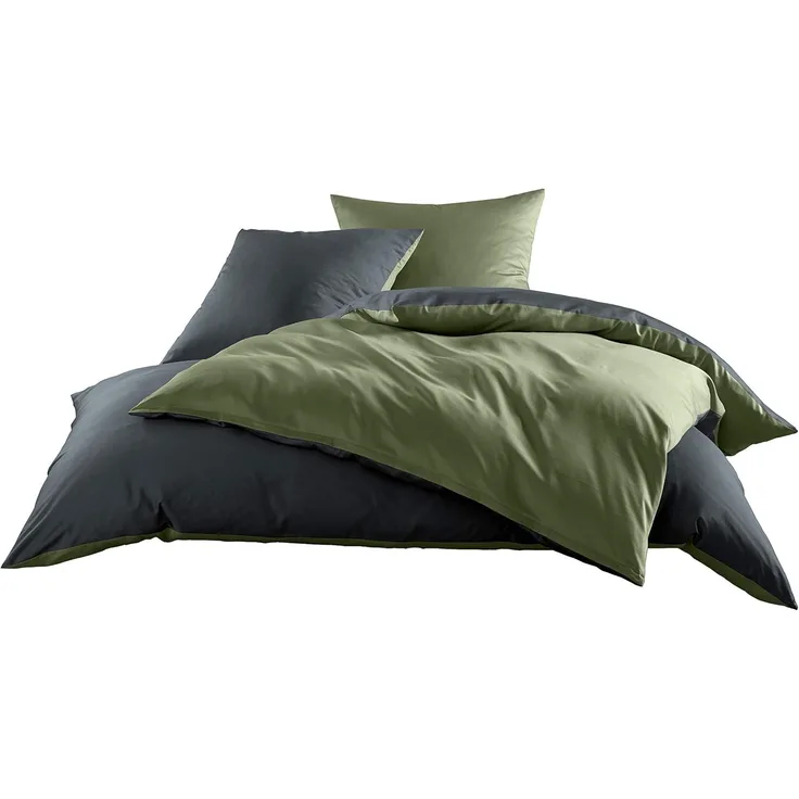 Mako Satin Wende Bettwäsche dunkelgrün anthrazit 240x220 + 2x 80x80