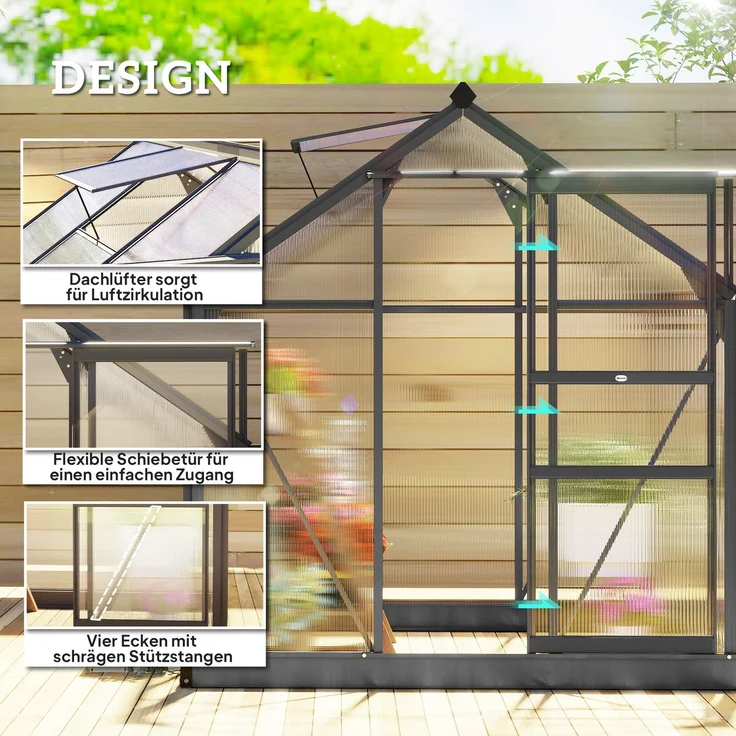 Outsunny Gewächshaus, Aluminiumlegierung, Polycarbonat, Grau, 190L x 192B x 201H cm – Bild 4