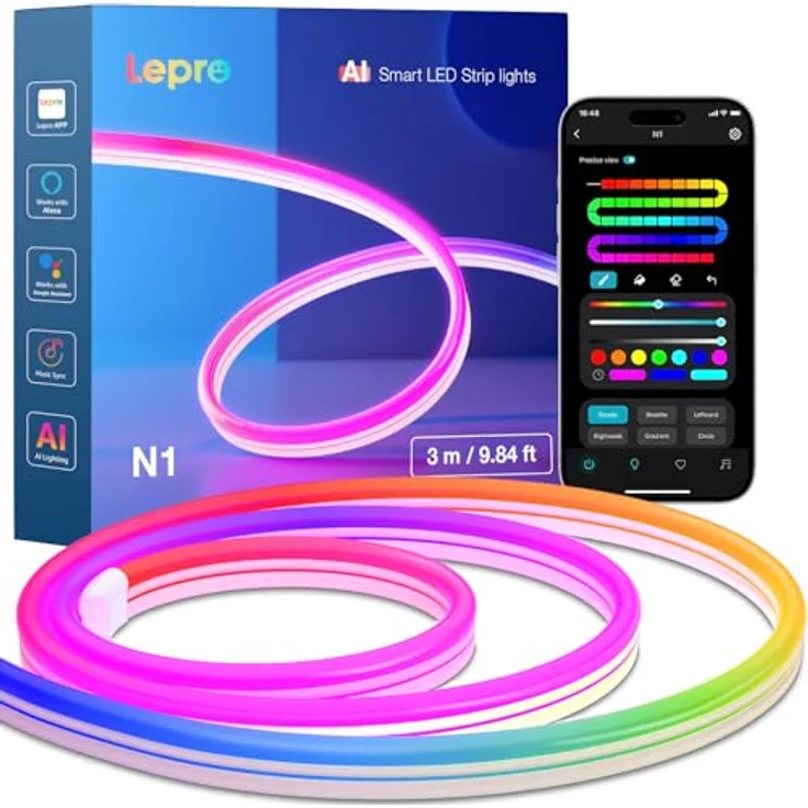 Lepro Neon LED Strip 3m, Neon LED Streifen mit App Steuerung, Musik Sync & Sprachsteuerung, funktioniert mit Alexa & Google Assistant, Flexibles RGB Lichtband für Wohnzimmer, Gaming, Party&Wanddeko – Bild 2