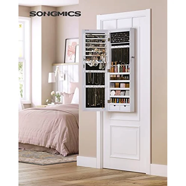 SONGMICS Schmuckschrank hängend, Spiegelschrank mit LED-Innenbeleuchtung, an der Tür hängend, MDF weiß, 37 x 9,3 x 108 cm – Bild 3