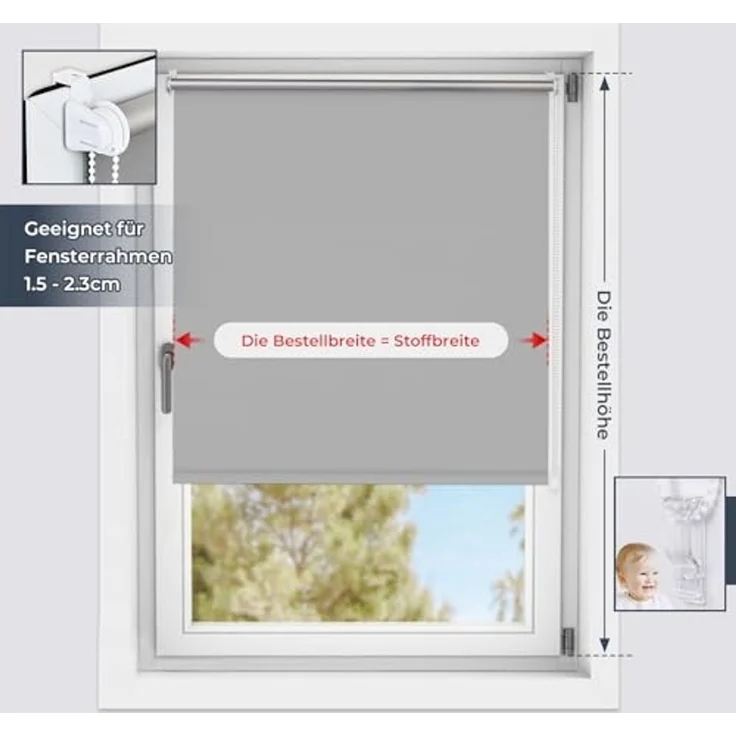 Grandekor Verdunklungsrollo ohne Bohren Hellgrau 50x170 cm(Stoffbreite 46cm) Rollos für Fenster ohne Bohren & mit Bohren,Verdunkelungsrollo Thermorollo Klemmrollo Fensterrollo verdunkelung – Bild 6