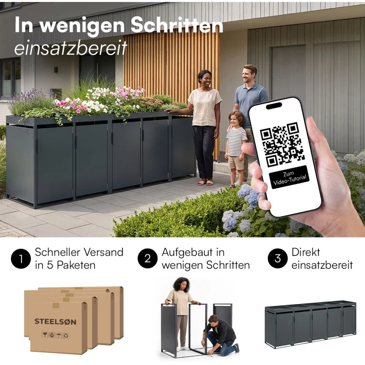 STEELSØN 'Thoria' Mülltonnenbox 5er je 120 Liter, anthrazit, Mülltonnenverkleidung aus Stahl, wetterfest, 111x62x294,5 cm, Müllbox mit Pflanzendach für 5 Tonnen – Bild 10