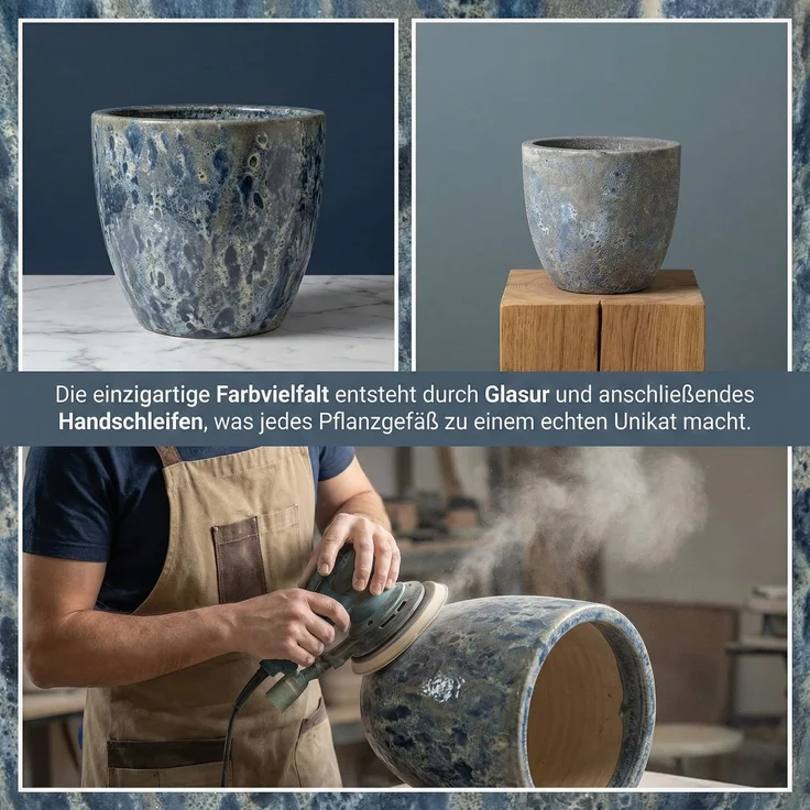Keramik Blumentopf Eggpot Lava Blau Ø 38cm- Struktur Übertopf geschliffen Unikat – Bild 4
