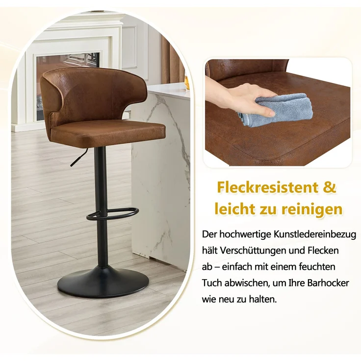 2er Set Barhocker mit Lehne Höhenverstellbar, 360° Drehbar Barstuhl mit Großem Sockel & Fußstütze, Modern Küchenhocker für Bar Küche Theke (Nur Stühle)--Braun--49.7x45x110cm--YOUDENOVA – Bild 8