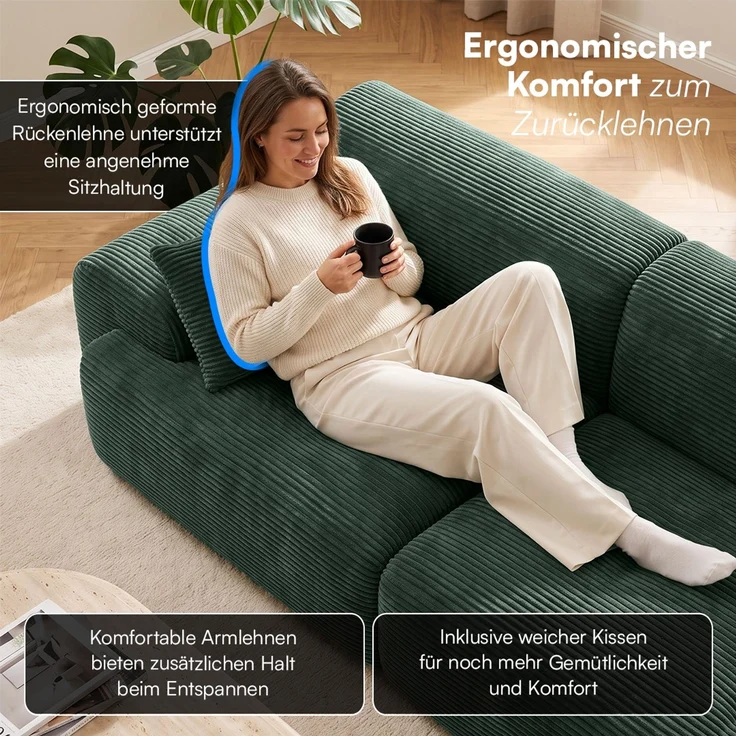 skølm 'Menja' Sofa 3-tlg mit Hocker, 3er Sitz mit 3 Kissen, Cord dunkelgrün, Vollschaumcouch mit Federkern und Vakuum-Kompression, kein Aufbau erforderlich – Bild 6