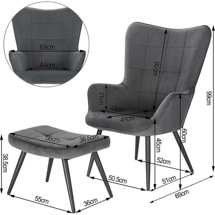 WOLTU Relaxsessel Lehnstühle Vintager Retro Sessel Polstersessel mit Hocker Fernsehsessel Ohrensessel Cordsamt Dunkelgrau SKS28dgr – Bild 2