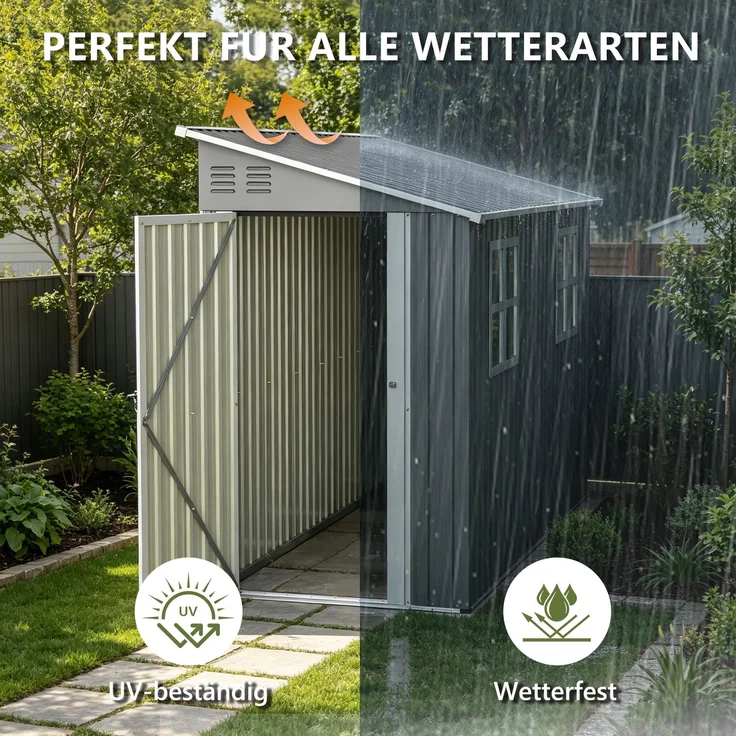 ZUBALIYA 4x10 Fuß (ca. 1, 2x3 m) Outdoor-Schwerlast-Metallschuppen mit Boden-Kit, Anlehn-Design mit links/rechts-Tür & 2 Fenstern, H 188.6 × T 291 × B 110.8 cm, Grau – Bild 8