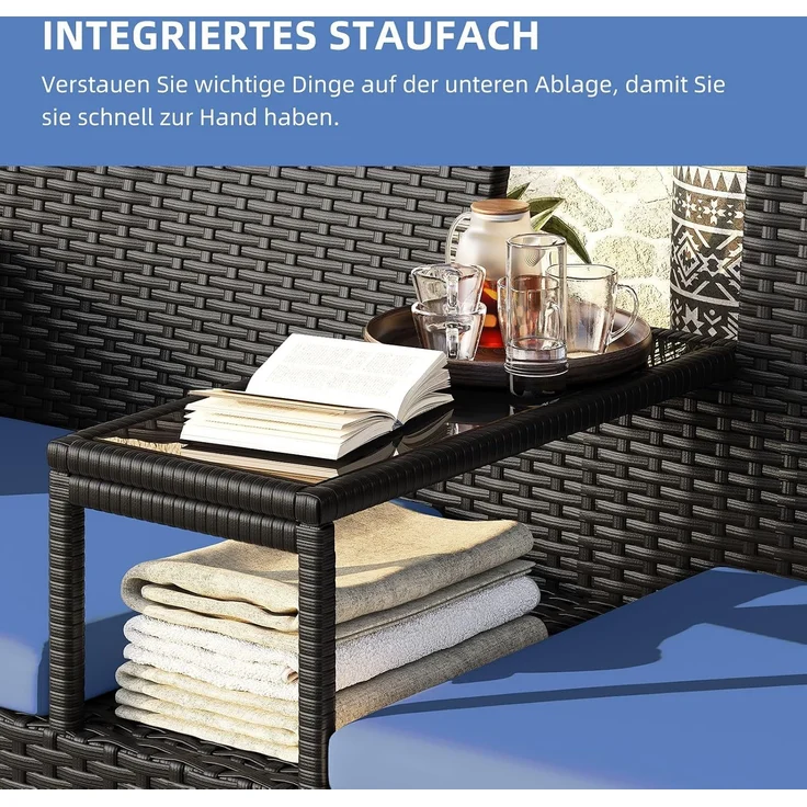 Aoxun 2-Sitzer-Gartenbank aus Rattan, extrabreite Outdoor-Zweisitzerbank mit seitlichem Ablagetisch 144x62x80cm, bequemes Terrassenmöbel-Set mit Kissen und Regenschutz für Garten, Balkon, Marineblau – Bild 3