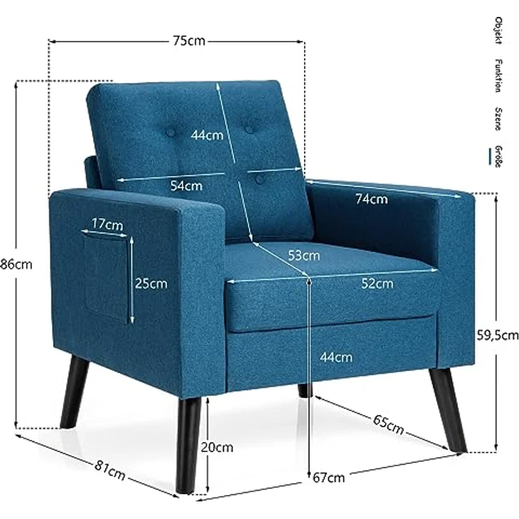 COSTWAY Sessel mit 2 Seitentaschen, Ohrensessel mit Armlehnen und Rückenkissen, Einzelsofa gepolstert, Fernsehsessel Relaxsessel Clubsessel, für Wohnzimmer, Schlafzimmer & Büro, modern (Blau) – Bild 4