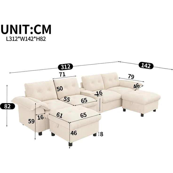 DESVIAE Sofa Modulares 6-Sitzer-Ecksofa Beige aus Chenille – 312x82x142 cm – Stauraum-Hocker, LED-Beleuchtung – Bild 10