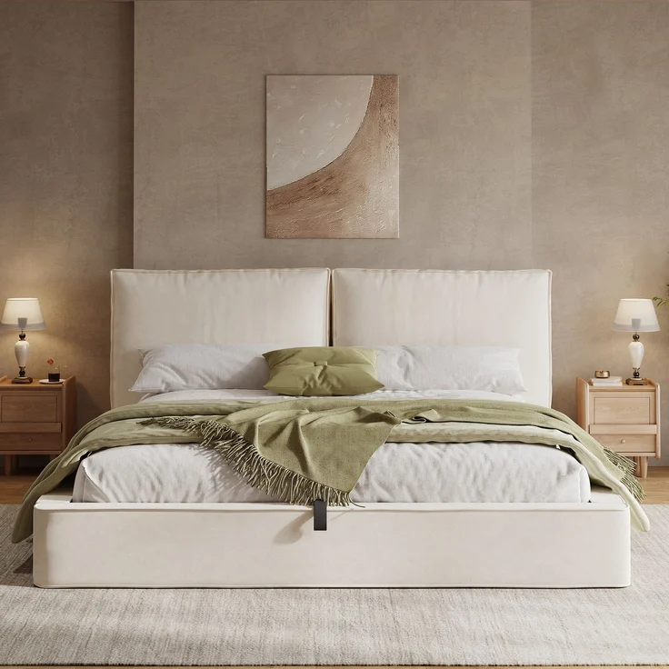 Polsterbett,Doppelbett,180x200 cm,hydraulisches Funktionsbett,Bett mit Lattenrost, Kopfteil, gepolstertes Kopfteil, Beige, samt – Bild 4