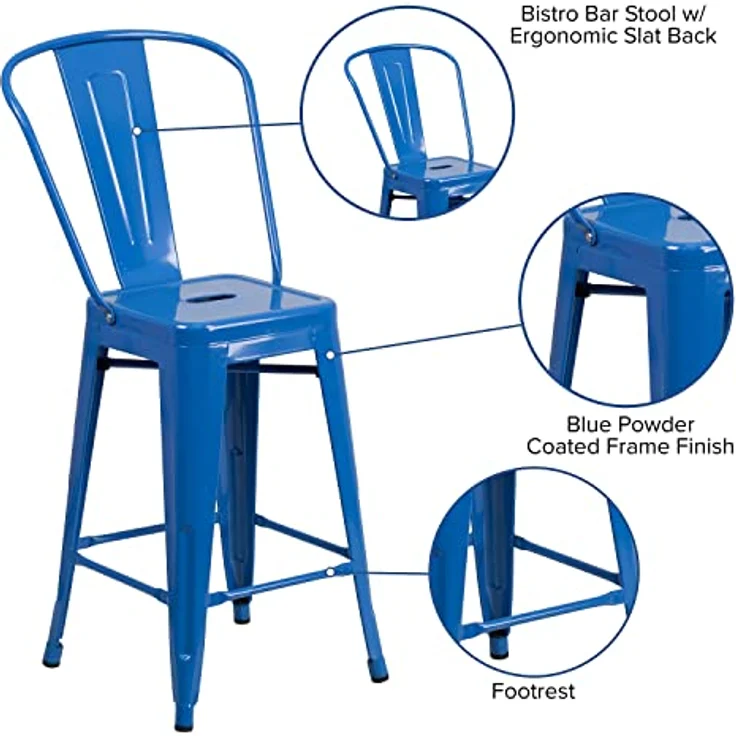 Flash Furniture Commercial Grade 4 Pack 61 cm High Metall Indoor Outdoor Hocker mit Rückenlehne, Kunststoff, verzinkter Stahl, blau, 4 Stück – Bild 8