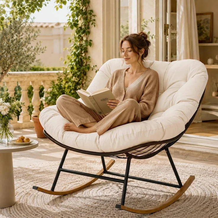 Aoxun Schaukelstuhl Outdoor,Schaukelsessel für Indoor,Relaxsessel Garten,92.5x 104x77.5cm, Wetterfester Gartenstuhl Bequem,bis 150KG, Beige – Bild 7