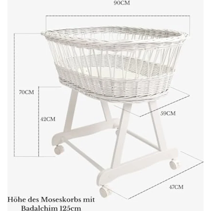 Wiklinopol Stubenwagen aus Weide mit Baldachin und Gestell Lena – Moseskorb in Weiß, Komplettset mit 5-TLG. Waffel-Bettwäsche Igel & Freunde Grau – Mit Rollen, Tragbar, Sicher – Bild 5