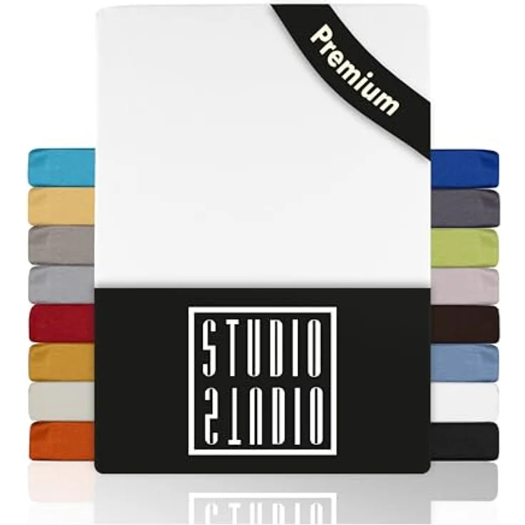 STUDIO Premium Spannbettlaken 120x200cm, 120x220cm, 130x200cm & 130x220cm – Öko-Tex zertifiziert, Jersey-Baumwolle, bügelfrei, Weiß, für Matratzen bis 35cm – Bild 1