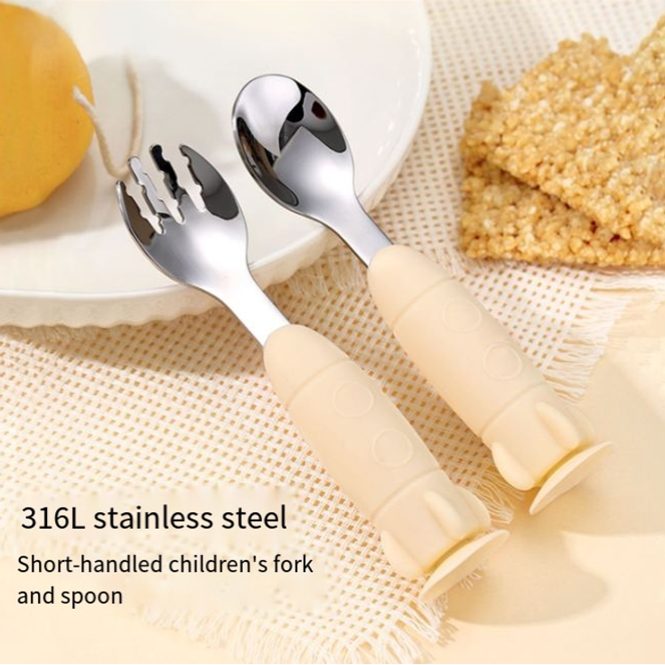 ABC Löffel aus Edelstahl 316L, niedliche raketenförmige Silikongabel und -löffel für Babys, lebensmittelechtes Babygeschirr – gelb – Bild 2