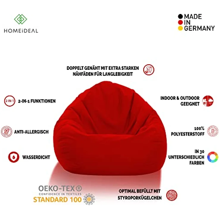 HomeIdeal - Sitzsack XXL Bodenkissen für Erwachsene & Kinder - Geeignet für Gaming oder Entspannen - Indoor wie Outdoor da er Wasserfest ist - mit EPS Perlen, Farbe:Rot, Größe:XXL – Bild 4