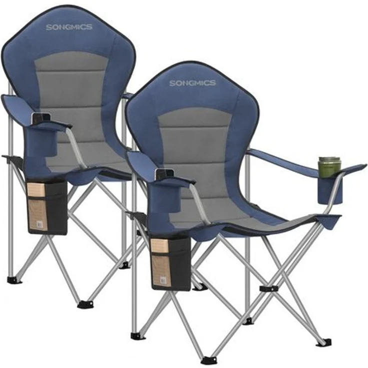 SONGMICS Campingstuhl 2er Set, klappbar, Klappstuhl, breiter Sitz, hohe Rückenlehne, Outdoor-Stuhl, tragbar, Outdoor-Stuhl, Getränkehalter, Handyhalter, Stoff-Organizer, blau-grau – Bild 1