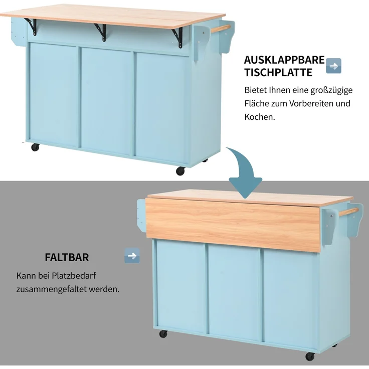 Küchenwagen B 139 x T 46(71) x H 91,5 cm, blau, MDF mit klappbarer Arbeitsplatte – Bild 7