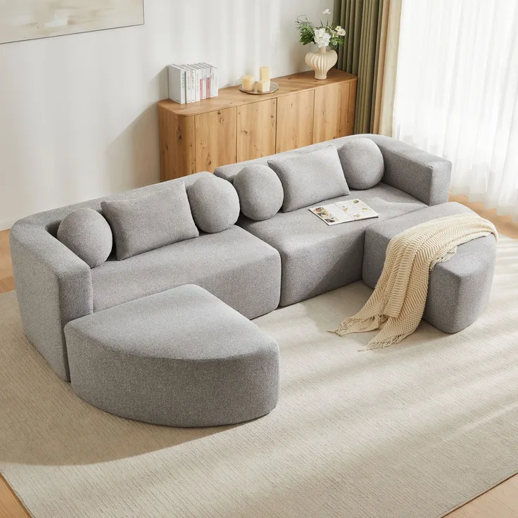 Merax 4-Sitzer Sofas, 292cm Modulare Sofa, Modulare Schlafcouch mit Schlaffunktion, Vollkomprimierte Cloud Couch, Chenille, Ohne Montage, Hellgrau