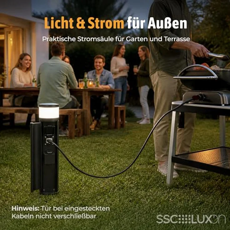 SSC-LUXon PALISO Energiesäule, schwarze Pollerleuchte mit 2 geschützten Steckdosen und G9 3W LED warmweiß, IP44, Ø 90 x 460 mm – Bild 3