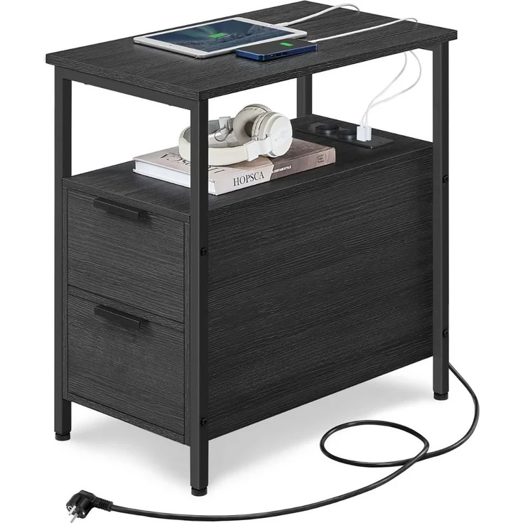 VASAGLE Beistelltisch, 2er Set, Nachttisch mit Steckdosenleiste, 2 Schubladen, Sofatisch, Nachtschrank für Wohnzimmer, Schlafzimmer, anthrazitgrau-klassikschwarz LCT648B22 – Bild 9