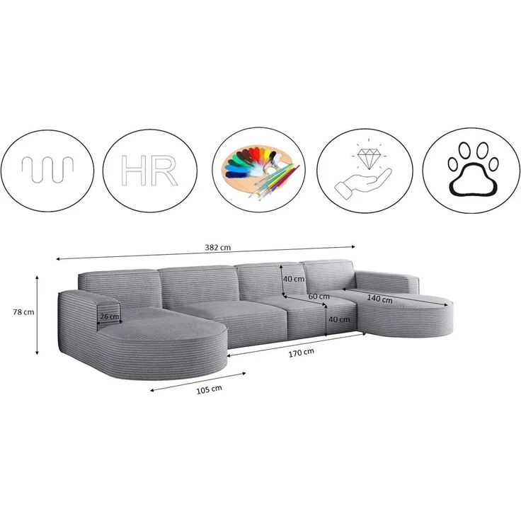 Kaiser Möbel Ecksofa Designer MODENA U XL stoff Dicker cord Poso, Viele Farben, praktisch und komfortabel – Bild 2