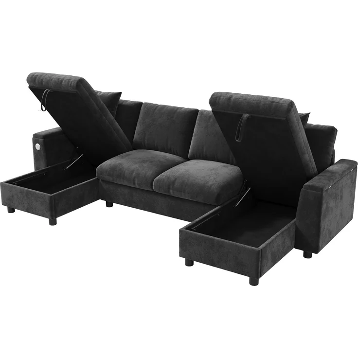 Chenille-U-Sofa mit 2 Stauraum-Chaiselongues, USB und USB-C, gepolsterte modulare Wohnlandschaft 279 cm mit Taschenfederkern, Grau – Bild 20