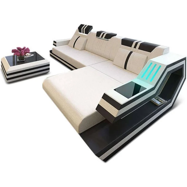 Sofa Dreams - Polstersofa Materialmix Ravenna L-Form LED - Mikrofaserstoff - Taupe-Weiß - Links – Bild 9