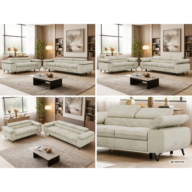Sofagarnitur PETER 2-3 mit Schlaffunktion, verstellbare Kopfstützen und Armlehnen, freistehend, Wellenfederung, Couchgarnitur - Beige Velvet – Bild 2