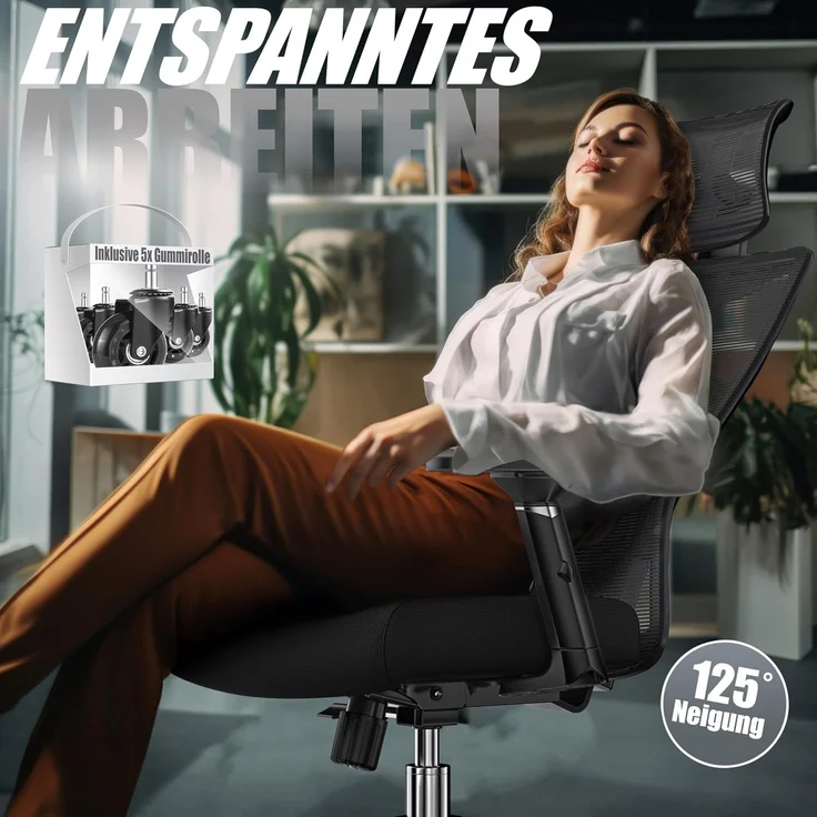 KESSER® Bürostuhl mit verstellbaren Armlehnen | Drehstuhl mit Lendenwirbelstütze Rückenschonend | Schreibtischstuhl ergonomisch mit Kopfstütze | Office Chair Wippfunktion bis 125° mit 5x Gummirollen Schwarz / Silber – Bild 8
