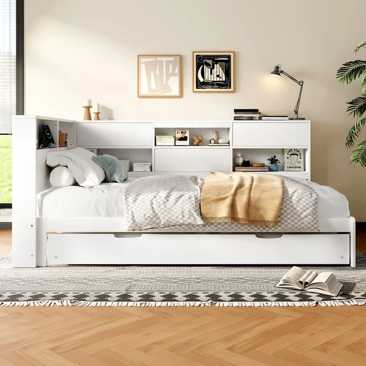 Daybett,Schlafsofa,90x200 cm,Kopfteil mit Staufach,Ausziehbares Bett,Ohne Matratze,Weiß – Bild 4