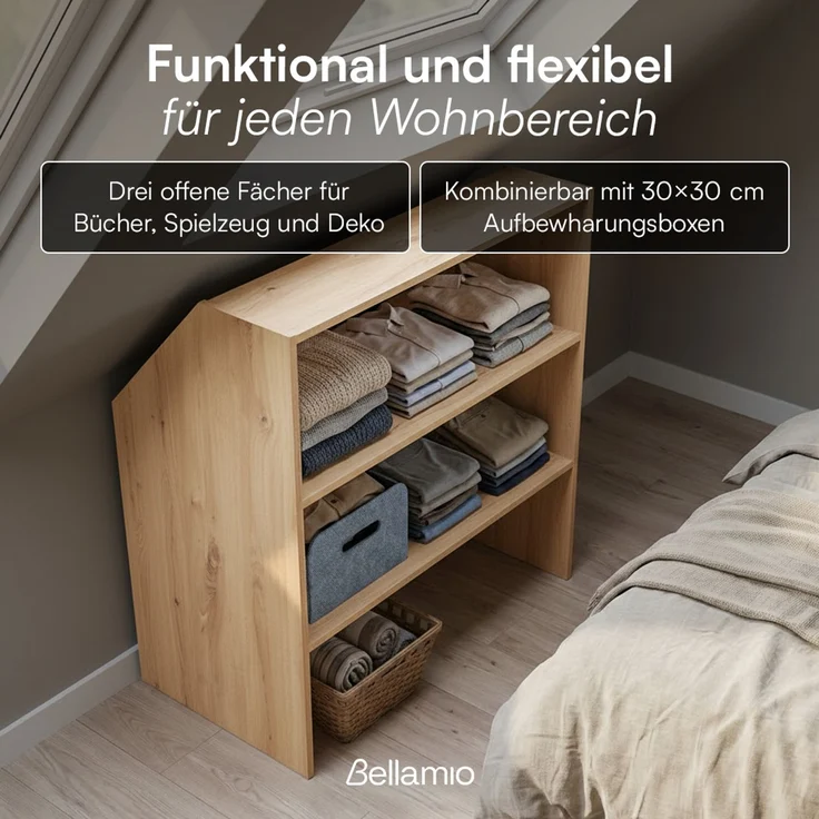 Bellamio 'Aland' Dachschrägenregal, Eichenoptik, 100x50x90 cm, Regal für Dachschräge mit 3 Fächern – Bild 3