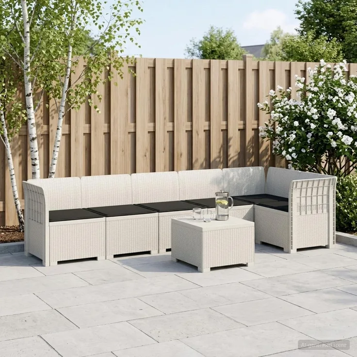 vidaXL 6-Sitzer Garten Sofa mit Kissen Rattan Look PP Weiß 3444115