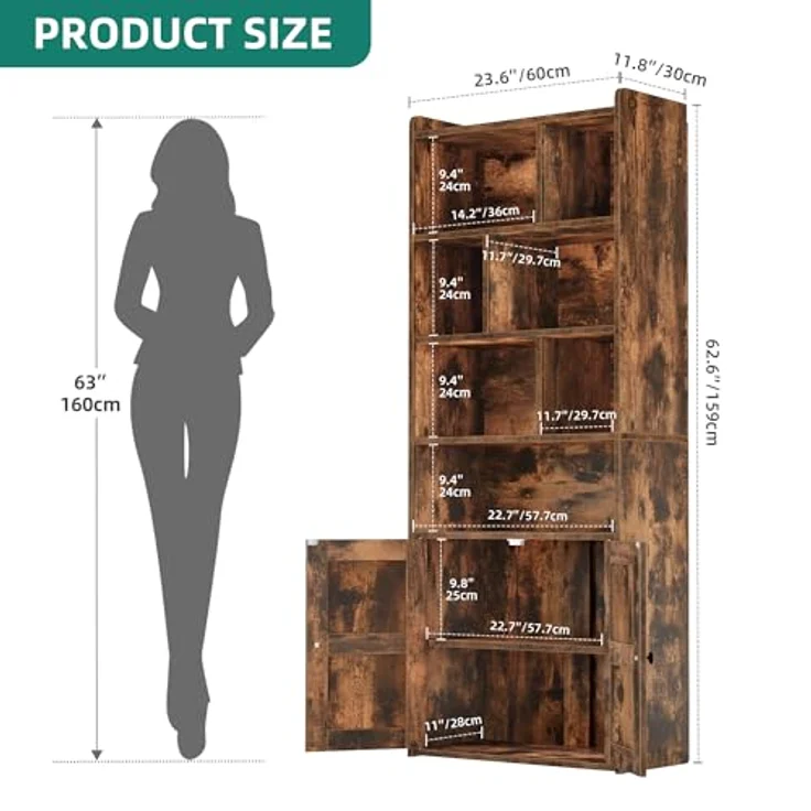 YITAHOME 4-stöckiges Bücherregal mit Türen und Schrank, freistehendes Bücherregal mit offenen Fächern für Zuhause, Büro, Wohnzimmer und Schlafzimmer, rustikales Braun, 60 x 30 x 159 cm – Bild 3
