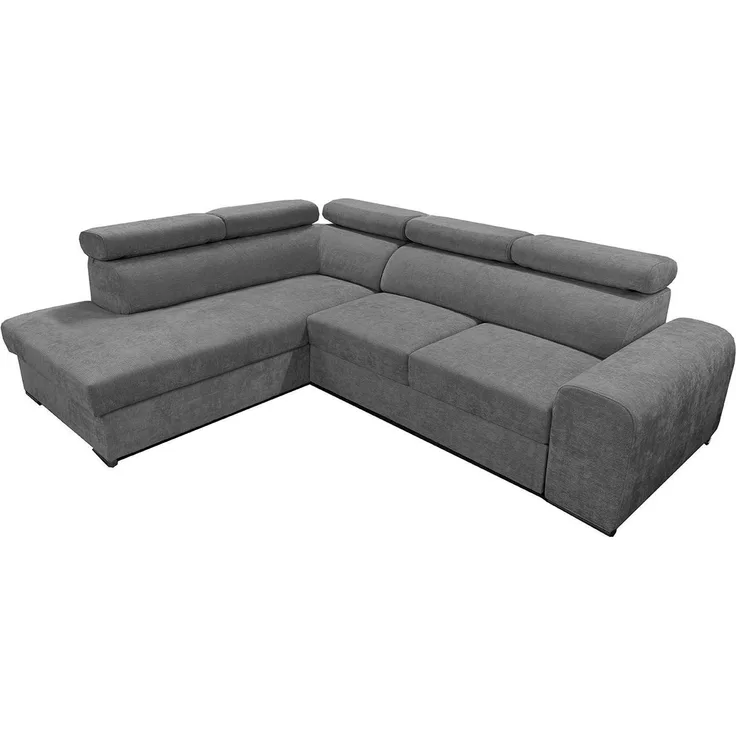 Wohnero24 Ecksofa PAVONE 4 208 x 263 cm – modernes Chenille Sofa Dunkelgrau mit Schlaffunktion 190 x 125 cm & Bettkasten, verstellbare Kopfstützen