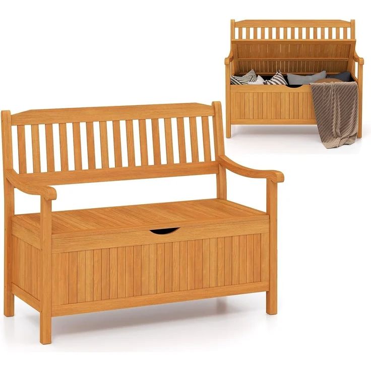 FANTASK Gartenbank Holz mit Stauraum, Holzbank für 2-Sitzer bis 360kg belastbar, Balkonbank mit abnehmbarem Innensack, Teak