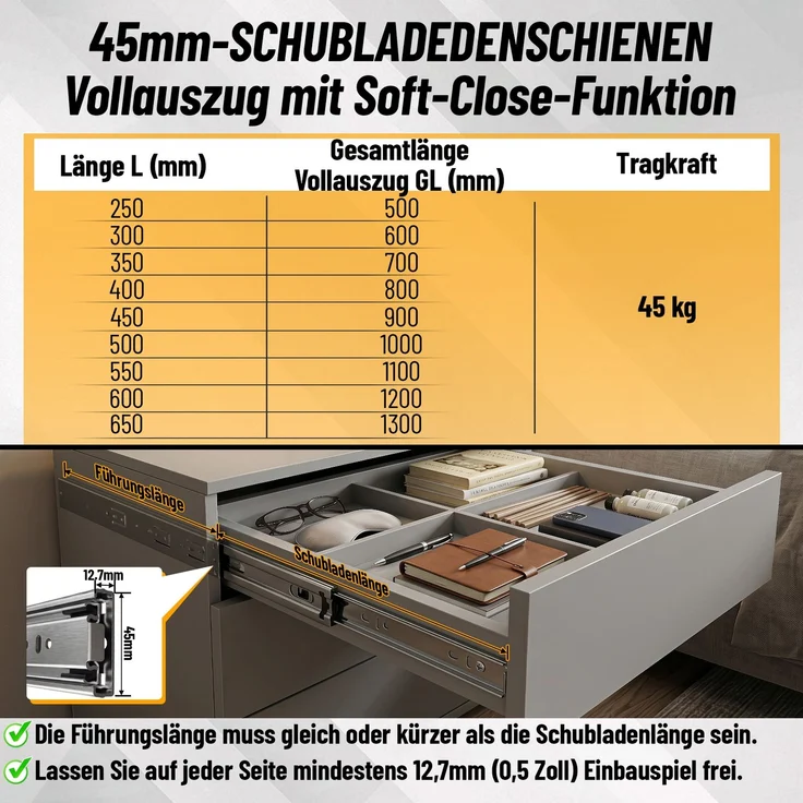 Eikuavons 2 Paar Schubladenschienen 550 mm mit Dämpfung, Vollauszug 3-teilig, leise kugelgelagerte Auszüge für Möbel und Schubladen, kaltgewalzter Stahl, Silber – Bild 7