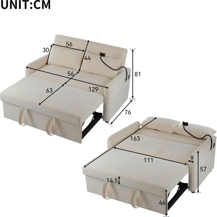 Multifunktions-Klappschlafsofa, verstellbar, mit USB-Ladung, Chenille Beige, 129x76x81 cm – Bild 8