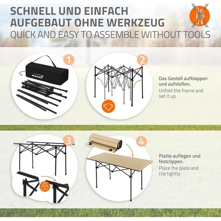 Hauki Campingtisch Klapptisch faltbar aus Aluminium inkl. Tragetasche, Gartentisch 118x55x64,5 cm Beige, Aufrollbare Tischplatte, Falttisch – Bild 5