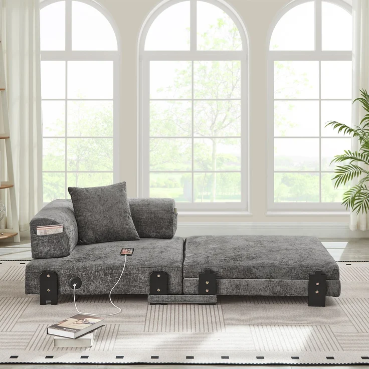 Wohnora-2-in-1 Folding Sofa with Sleep Function & USB/Type C Port & Storage,Compact Sofa Bed with Armrests for Small Spaces ,Guest Room & Loft - Beige DARK GREY,H 48cm x T 84cm x B 1705cm,Dunkelgrau – Bild 2