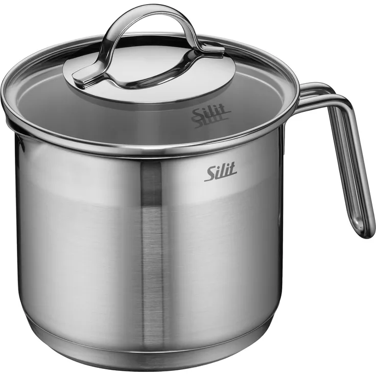 Silit Achat Milchtopf mit Glasdeckel 14 cm, hoher Kochtopf 1,7l, Edelstahl teilmattiert, Induktion, unbeschichtet, backofengeeignet