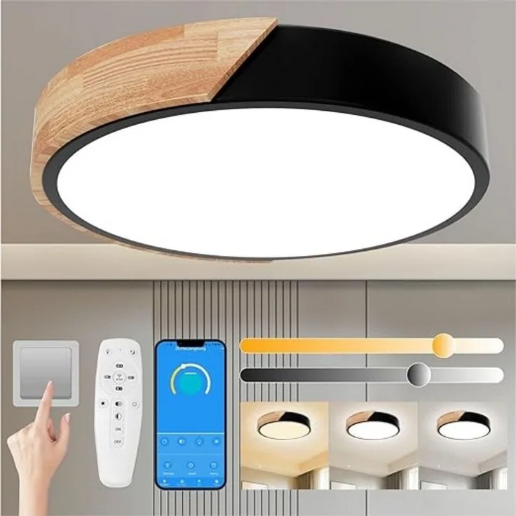 POPOLIC LED Deckenleuchte 24-W-moderne Leuchte, Deckenleuchte Holz, dimmbare Decke 3000k-6000k, ferngesteuerte LED-Deckenleuchte, für Wohnzimmer und Flur, Schwarz