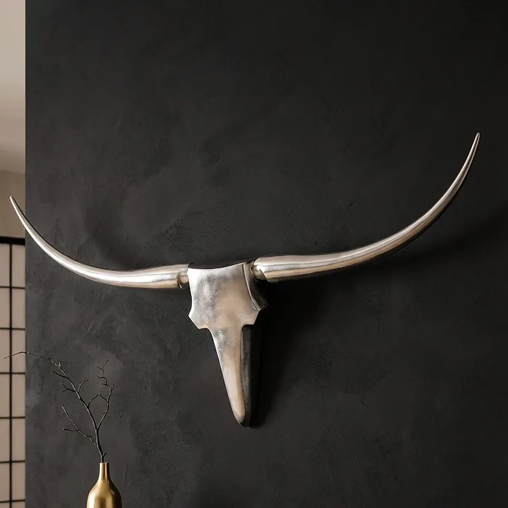 FINEBUY Wanddekoobjekt FB37874 (Deko Hirschgeweih Aluminium 125 cm Silber modern), Wanddeko Metall Design Hirschkopf Geweih Wand groß
